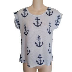 Blu Planet White Anchor Print Knit Cap Sleeve Shirt Top Size Women's Medium